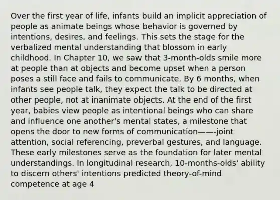 Over the first year of life, infants build an implicit appreciation of people as animate beings whose behavior is governed by intentions, desires, and feelings. This sets the stage for the verbalized mental understanding that blossom in early childhood. In Chapter 10, we saw that 3-month-olds smile more at people than at objects and become upset when a person poses a still face and fails to communicate. By 6 months, when infants see people talk, they expect the talk to be directed at other people, not at inanimate objects. At the end of the first year, babies view people as intentional beings who can share and influence one another's mental states, a milestone that opens the door to new forms of communication——-joint attention, social referencing, preverbal gestures, and language. These early milestones serve as the foundation for later mental understandings. In longitudinal research, 10-months-olds' ability to discern others' intentions predicted theory-of-mind competence at age 4