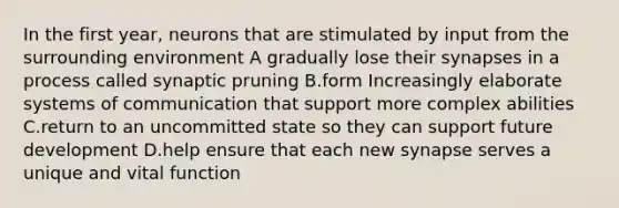 In the first year, neurons that are stimulated by input from the surrounding environment A gradually lose their synapses in a process called synaptic pruning B.form Increasingly elaborate systems of communication that support more complex abilities C.return to an uncommitted state so they can support future development D.help ensure that each new synapse serves a unique and vital function