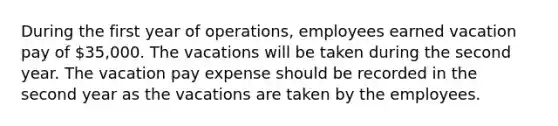 During the first year of operations, employees earned vacation pay of 35,000. The vacations will be taken during the second year. The vacation pay expense should be recorded in the second year as the vacations are taken by the employees.