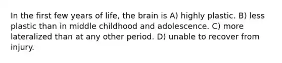 In the first few years of life, the brain is A) highly plastic. B) less plastic than in middle childhood and adolescence. C) more lateralized than at any other period. D) unable to recover from injury.