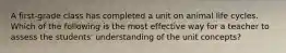 A first-grade class has completed a unit on animal life cycles. Which of the following is the most effective way for a teacher to assess the students' understanding of the unit concepts?