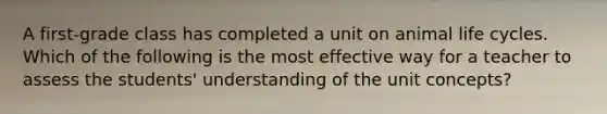 A first-grade class has completed a unit on animal life cycles. Which of the following is the most effective way for a teacher to assess the students' understanding of the unit concepts?