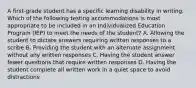 A first-grade student has a specific learning disability in writing. Which of the following testing accommodations is most appropriate to be included in an Individualized Education Program (IEP) to meet the needs of the student? A. Allowing the student to dictate answers requiring written responses to a scribe B. Providing the student with an alternate assignment without any written responses C. Having the student answer fewer questions that require written responses D. Having the student complete all written work in a quiet space to avoid distractions