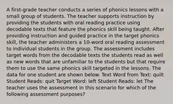 A first-grade teacher conducts a series of phonics lessons with a small group of students. The teacher supports instruction by providing the students with oral reading practice using decodable texts that feature the phonics skill being taught. After providing instruction and guided practice in the target phonics skill, the teacher administers a 10-word oral reading assessment to individual students in the group. The assessment includes target words from the decodable texts the students read as well as new words that are unfamiliar to the students but that require them to use the same phonics skill targeted in the lessons. The data for one student are shown below. Text Word from Text: quilt Student Reads: quit Target Word: left Student Reads: let The teacher uses the assessment in this scenario for which of the following assessment purposes?