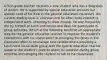 A first-grade teacher receives a new student who has a diagnosis of autism. He is supported by special education services but spends most of his time in the general education classroom. His current reading level is unknown and he often loses interest in independent work, choosing to draw instead. He also frequently sits by himself at lunch and recess and does not participate in group activities. Which of the following would be an appropriate step for the general education teacher to improve the student's interactions with his classmates? re-arranging the desks in the classroom often to encourage new collaborations providing a lunch-time social skills group with the special education teacher speak to the student's parents about his isolation during group activities encouraging the student to talk to his classmates