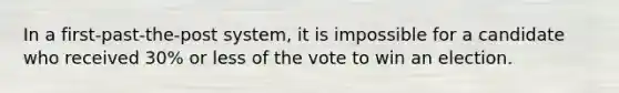 In a first-past-the-post system, it is impossible for a candidate who received 30% or less of the vote to win an election.