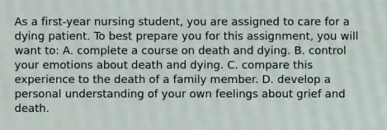 As a first-year nursing student, you are assigned to care for a dying patient. To best prepare you for this assignment, you will want to: A. complete a course on death and dying. B. control your emotions about death and dying. C. compare this experience to the death of a family member. D. develop a personal understanding of your own feelings about grief and death.