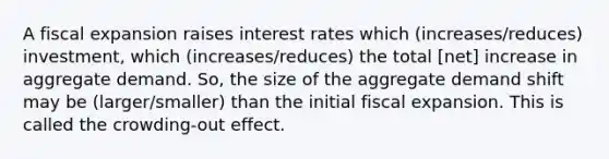 A fiscal expansion raises interest rates which (increases/reduces) investment, which (increases/reduces) the total [net] increase in aggregate demand. So, the size of the aggregate demand shift may be (larger/smaller) than the initial fiscal expansion. This is called the crowding-out effect.