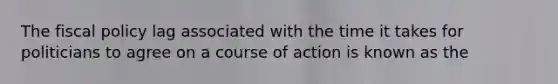 The <a href='https://www.questionai.com/knowledge/kPTgdbKdvz-fiscal-policy' class='anchor-knowledge'>fiscal policy</a> lag associated with the time it takes for politicians to agree on a course of action is known as the