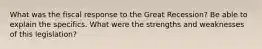 What was the fiscal response to the Great Recession? Be able to explain the specifics. What were the strengths and weaknesses of this legislation?