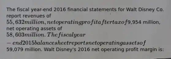 The fiscal year-end 2016 financial statements for Walt Disney Co. report revenues of 55,632 million, net operating profit after tax of9,954 million, net operating assets of 58,603 million. The fiscal year-end 2015 balance sheet reports net operating assets of59,079 million. Walt Disney's 2016 net operating profit margin is: