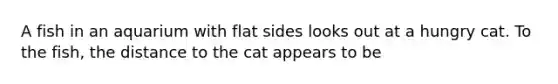 A fish in an aquarium with flat sides looks out at a hungry cat. To the fish, the distance to the cat appears to be