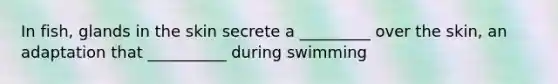 In fish, glands in the skin secrete a _________ over the skin, an adaptation that __________ during swimming