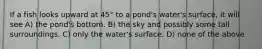 If a fish looks upward at 45° to a pond's water's surface, it will see A) the pond's bottom. B) the sky and possibly some tall surroundings. C) only the water's surface. D) none of the above