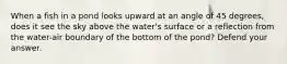 When a fish in a pond looks upward at an angle of 45 degrees, does it see the sky above the water's surface or a reflection from the water-air boundary of the bottom of the pond? Defend your answer.