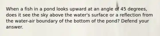 When a fish in a pond looks upward at an angle of 45 degrees, does it see the sky above the water's surface or a reflection from the water-air boundary of the bottom of the pond? Defend your answer.