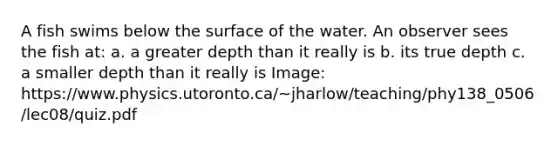 A fish swims below the surface of the water. An observer sees the fish at: a. a greater depth than it really is b. its true depth c. a smaller depth than it really is Image: https://www.physics.utoronto.ca/~jharlow/teaching/phy138_0506/lec08/quiz.pdf