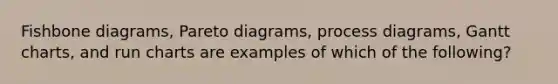 Fishbone diagrams, Pareto diagrams, process diagrams, Gantt charts, and run charts are examples of which of the following?