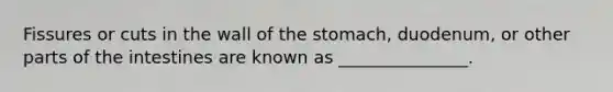 Fissures or cuts in the wall of <a href='https://www.questionai.com/knowledge/kLccSGjkt8-the-stomach' class='anchor-knowledge'>the stomach</a>, duodenum, or other parts of the intestines are known as _______________.