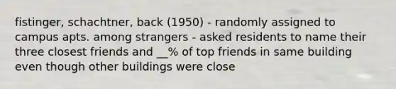 fistinger, schachtner, back (1950) - randomly assigned to campus apts. among strangers - asked residents to name their three closest friends and __% of top friends in same building even though other buildings were close