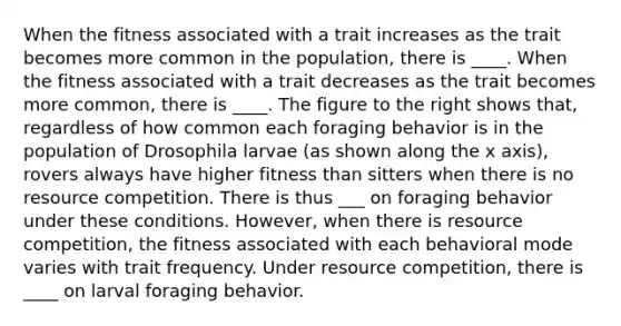 When the fitness associated with a trait increases as the trait becomes more common in the population, there is ____. When the fitness associated with a trait decreases as the trait becomes more common, there is ____. The figure to the right shows that, regardless of how common each foraging behavior is in the population of Drosophila larvae (as shown along the x axis), rovers always have higher fitness than sitters when there is no resource competition. There is thus ___ on foraging behavior under these conditions. However, when there is resource competition, the fitness associated with each behavioral mode varies with trait frequency. Under resource competition, there is ____ on larval foraging behavior.