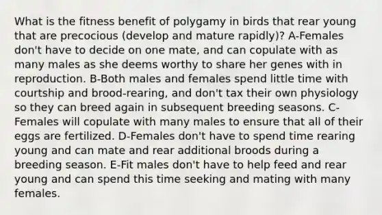 What is the fitness benefit of polygamy in birds that rear young that are precocious (develop and mature rapidly)? A-Females don't have to decide on one mate, and can copulate with as many males as she deems worthy to share her genes with in reproduction. B-Both males and females spend little time with courtship and brood-rearing, and don't tax their own physiology so they can breed again in subsequent breeding seasons. C-Females will copulate with many males to ensure that all of their eggs are fertilized. D-Females don't have to spend time rearing young and can mate and rear additional broods during a breeding season. E-Fit males don't have to help feed and rear young and can spend this time seeking and mating with many females.