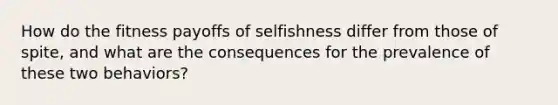 How do the fitness payoffs of selfishness differ from those of spite, and what are the consequences for the prevalence of these two behaviors?