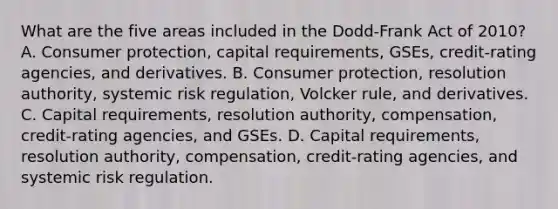 What are the five areas included in the​ Dodd-Frank Act of​ 2010? A. Consumer​ protection, capital​ requirements, GSEs,​ credit-rating agencies, and derivatives. B. Consumer​ protection, resolution​ authority, systemic risk​ regulation, Volcker​ rule, and derivatives. C. Capital​ requirements, resolution​ authority, compensation,​ credit-rating agencies, and GSEs. D. Capital​ requirements, resolution​ authority, compensation,​ credit-rating agencies, and systemic risk regulation.