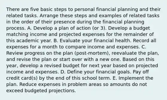 There are five basic steps to personal financial planning and their related tasks. Arrange these steps and examples of related tasks in the order of their presence during the financial planning process. A. Develop a plan of action​ (or 3). Develop a budget matching income and projected expenses for the remainder of this academic year. B. Evaluate your financial health. Record all expenses for a month to compare income and expenses. C. Review progress on the plan​ (post-mortem), reevaluate the​ plan, and revise the plan or start over with a new one. Based on this​ year, develop a revised budget for next year based on projected income and expenses. D. Define your financial goals. Pay off credit​ card(s) by the end of this school term. E. Implement the plan. Reduce expenses in problem areas so amounts do not exceed budgeted projections.