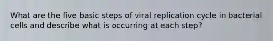 What are the five basic steps of viral replication cycle in bacterial cells and describe what is occurring at each step?