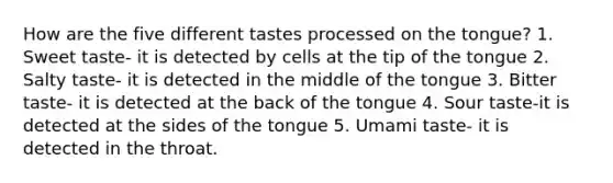 How are the five different tastes processed on the tongue? 1. Sweet taste- it is detected by cells at the tip of the tongue 2. Salty taste- it is detected in the middle of the tongue 3. Bitter taste- it is detected at the back of the tongue 4. Sour taste-it is detected at the sides of the tongue 5. Umami taste- it is detected in the throat.