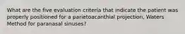 What are the five evaluation criteria that indicate the patient was properly positioned for a parietoacanthial projection, Waters Method for paranasal sinuses?