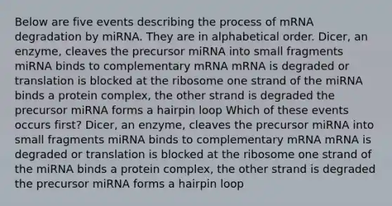 Below are five events describing the process of mRNA degradation by miRNA. They are in alphabetical order. Dicer, an enzyme, cleaves the precursor miRNA into small fragments miRNA binds to complementary mRNA mRNA is degraded or translation is blocked at the ribosome one strand of the miRNA binds a protein complex, the other strand is degraded the precursor miRNA forms a hairpin loop Which of these events occurs first? Dicer, an enzyme, cleaves the precursor miRNA into small fragments miRNA binds to complementary mRNA mRNA is degraded or translation is blocked at the ribosome one strand of the miRNA binds a protein complex, the other strand is degraded the precursor miRNA forms a hairpin loop