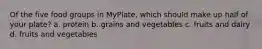 Of the five food groups in MyPlate, which should make up half of your plate? a. protein b. grains and vegetables c. fruits and dairy d. fruits and vegetables