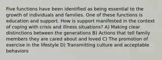 Five functions have been identified as being essential to the growth of individuals and families. One of these functions is education and support. How is support manifested in the context of coping with crisis and illness situations? A) Making clear distinctions between the generations B) Actions that tell family members they are cared about and loved C) The promotion of exercise in the lifestyle D) Transmitting culture and acceptable behaviors