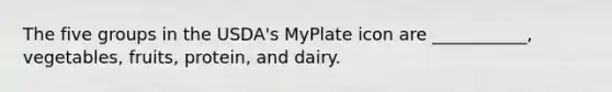 The five groups in the USDA's MyPlate icon are ___________, vegetables, fruits, protein, and dairy.