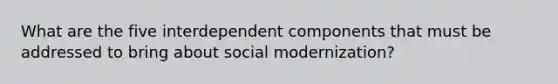 What are the five interdependent components that must be addressed to bring about social modernization?