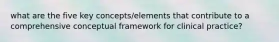 what are the five key concepts/elements that contribute to a comprehensive conceptual framework for clinical practice?