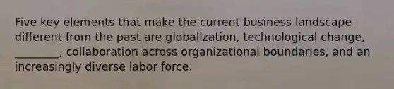 Five key elements that make the current business landscape different from the past are globalization, technological change, ________, collaboration across organizational boundaries, and an increasingly diverse labor force.