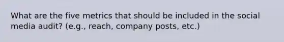 What are the five metrics that should be included in the social media audit? (e.g., reach, company posts, etc.)