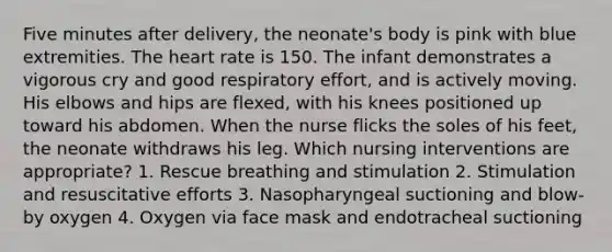 Five minutes after delivery, the neonate's body is pink with blue extremities. The heart rate is 150. The infant demonstrates a vigorous cry and good respiratory effort, and is actively moving. His elbows and hips are flexed, with his knees positioned up toward his abdomen. When the nurse flicks the soles of his feet, the neonate withdraws his leg. Which nursing interventions are appropriate? 1. Rescue breathing and stimulation 2. Stimulation and resuscitative efforts 3. Nasopharyngeal suctioning and blow-by oxygen 4. Oxygen via face mask and endotracheal suctioning