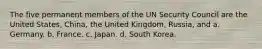 The five permanent members of the UN Security Council are the United States, China, the United Kingdom, Russia, and a. Germany. b. France. c. Japan. d. South Korea.