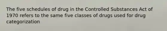 The five schedules of drug in the Controlled Substances Act of 1970 refers to the same five classes of drugs used for drug categorization