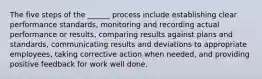 The five steps of the ______ process include establishing clear performance standards, monitoring and recording actual performance or results, comparing results against plans and standards, communicating results and deviations to appropriate employees, taking corrective action when needed, and providing positive feedback for work well done.