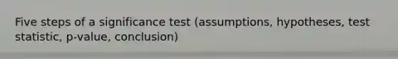 Five steps of a significance test (assumptions, hypotheses, test statistic, p-value, conclusion)