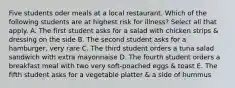 Five students oder meals at a local restaurant. Which of the following students are at highest risk for illness? Select all that apply. A. The first student asks for a salad with chicken strips & dressing on the side B. The second student asks for a hamburger, very rare C. The third student orders a tuna salad sandwich with extra mayonnaise D. The fourth student orders a breakfast meal with two very soft-poached eggs & toast E. The fifth student asks for a vegetable platter & a side of hummus