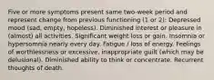 Five or more symptoms present same two-week period and represent change from previous functioning (1 or 2): Depressed mood (sad, empty, hopeless). Diminished interest or pleasure in (almost) all activities. Significant weight loss or gain. Insomnia or hypersomnia nearly every day. Fatigue / loss of energy. Feelings of worthlessness or excessive, inappropriate guilt (which may be delusional). Diminished ability to think or concentrate. Recurrent thoughts of death.