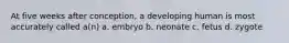 At five weeks after conception, a developing human is most accurately called a(n) a. embryo b. neonate c. fetus d. zygote