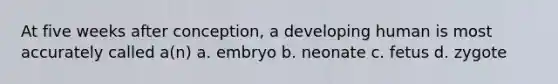 At five weeks after conception, a developing human is most accurately called a(n) a. embryo b. neonate c. fetus d. zygote