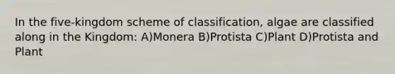 In the five-kingdom scheme of classification, algae are classified along in the Kingdom: A)Monera B)Protista C)Plant D)Protista and Plant